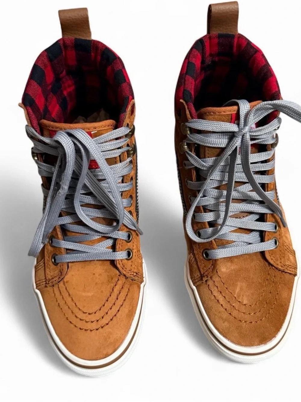 Vans Brown Suede High-Top Sneakers with Red Plaid Collar